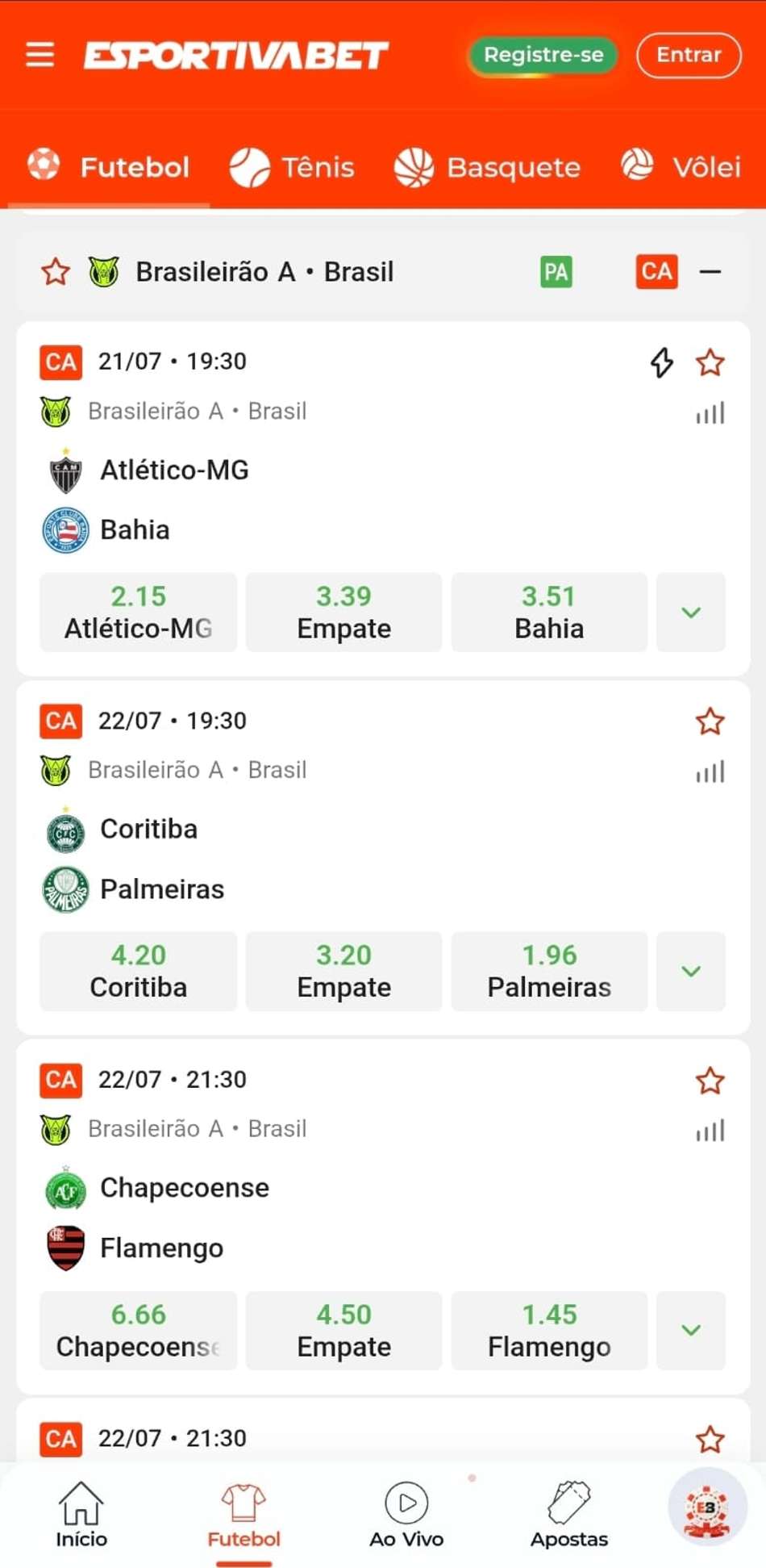 Captura de tela da página de jogos do Brasileirão na Esportiva Bet.