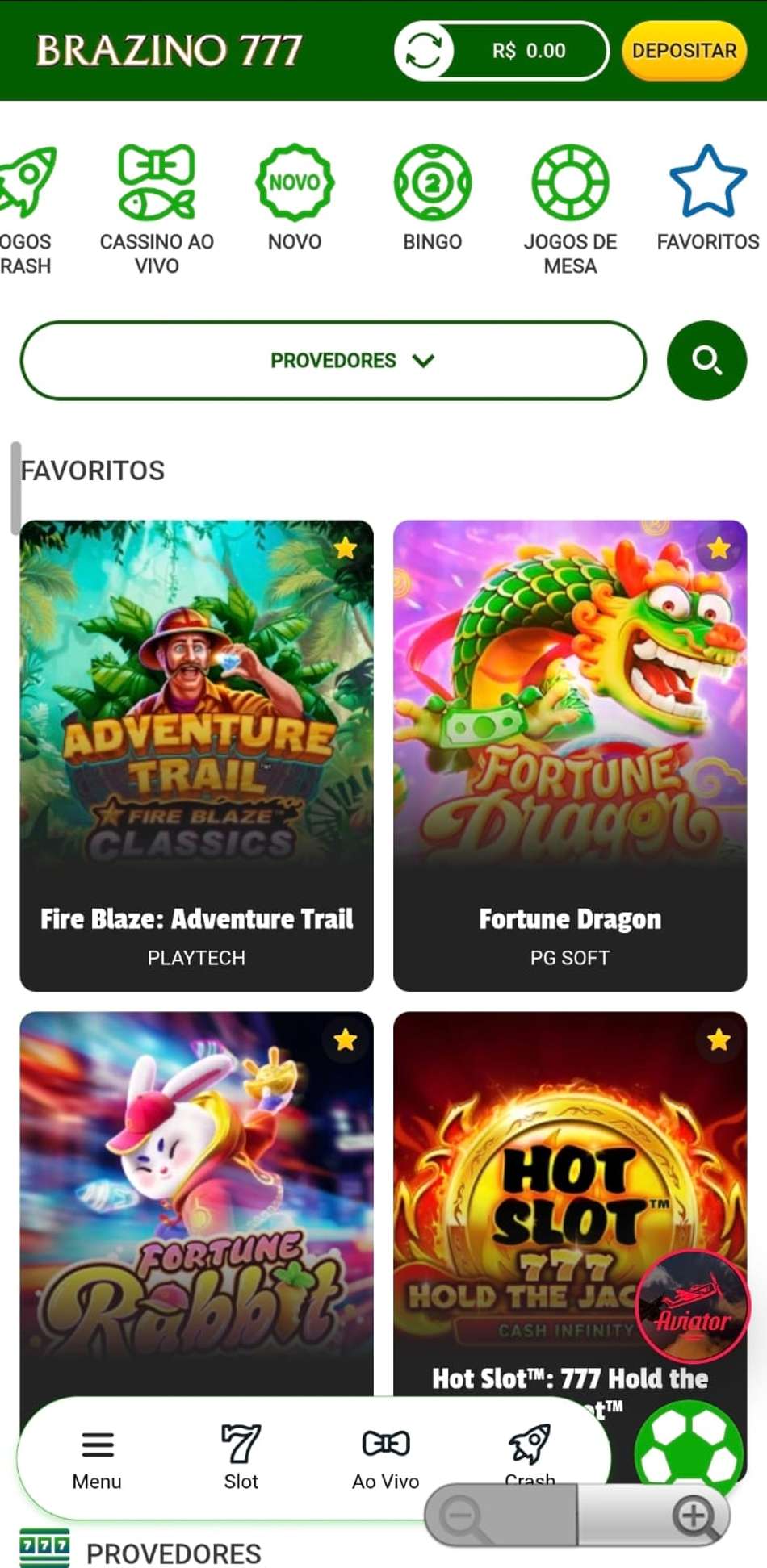 Captura de tela da seção de favoritos no aplicativo da Brazino777.