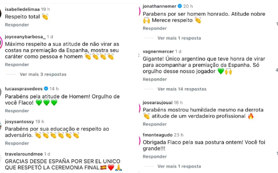Print da rede social de Flaxco López, no Instagram, em publicações que contam com mensagem de elogio de internautas sobre sua atitude na premiação. 