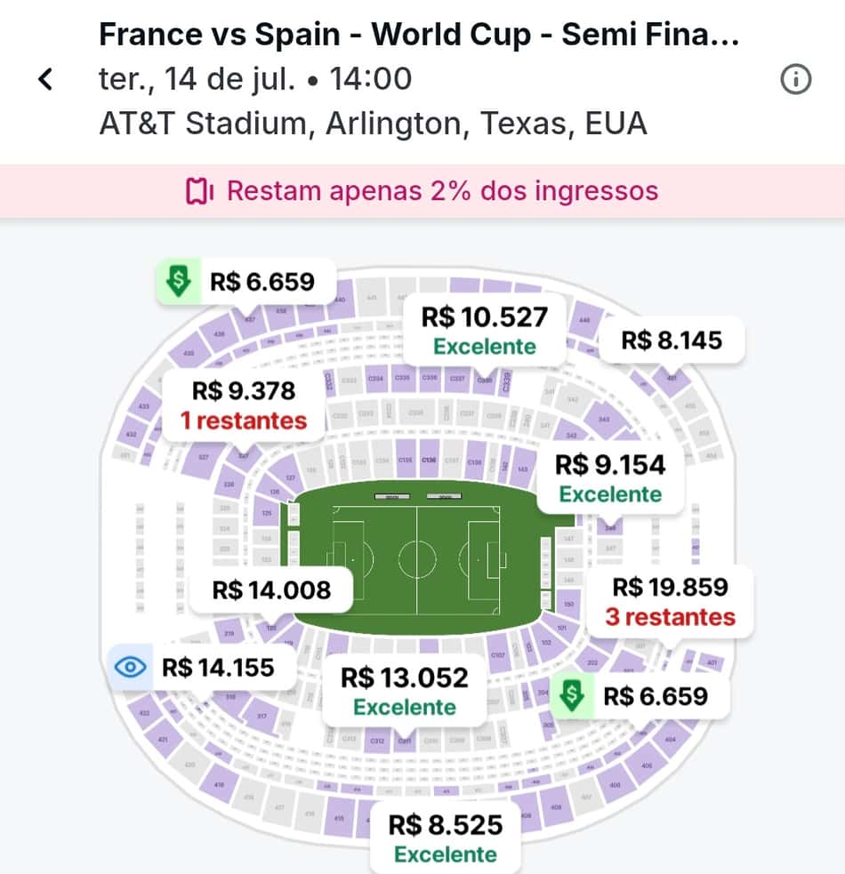 Ingressos para França x Espanha, pela semifinal da Copa do Mundo