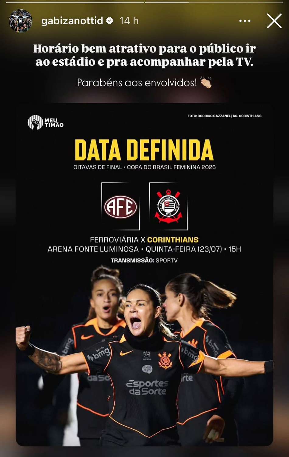 Gabi Zanotti, do Corinthians, critica horário de jogo contra a Ferroviária. (Reprodução/redes sociais)