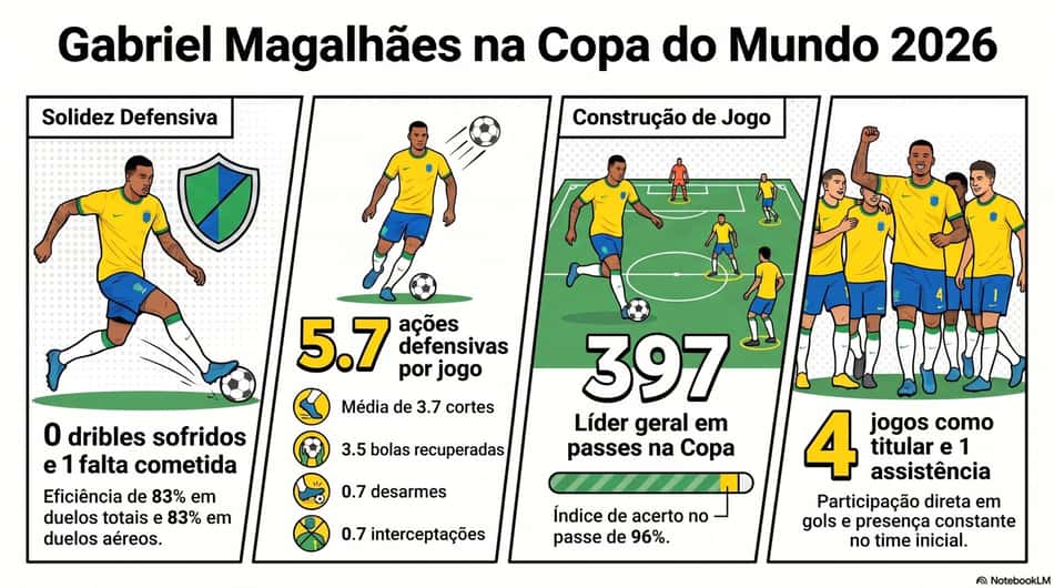 Números de Gabriel Magalhães pela Seleção Brasileira nesta Copa do Mundo