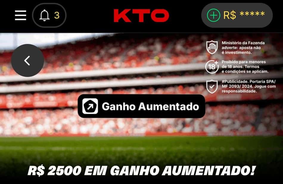 Captura de tela do Ganho Aumentado via Criar Aposta, com boost de 33% até R$2.500.