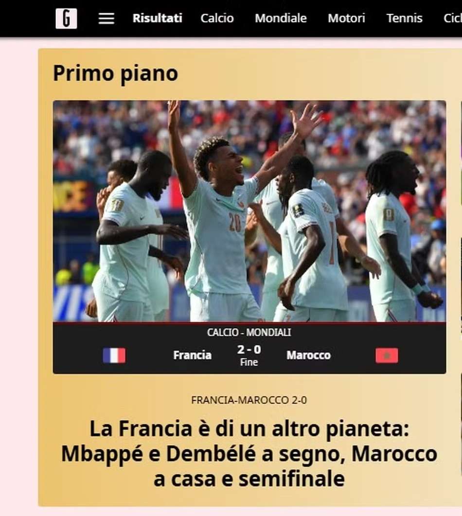 Capa do jornal Gazzetta Dello Sport (Itália) sobre a vitória francesa diante do Marrocos