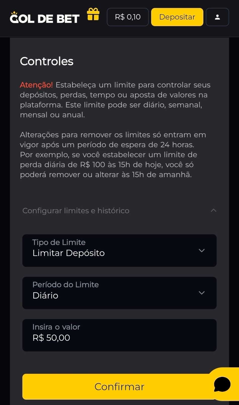 Captura de tela da Gol de Bet exibindo o controle de depósitos na casa.