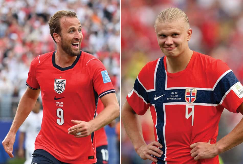 Montagem com Harry Kane, à esquerda, e Haaland, à direita, ambos com as camisas da Inglaterra e Noruega, respectivamente