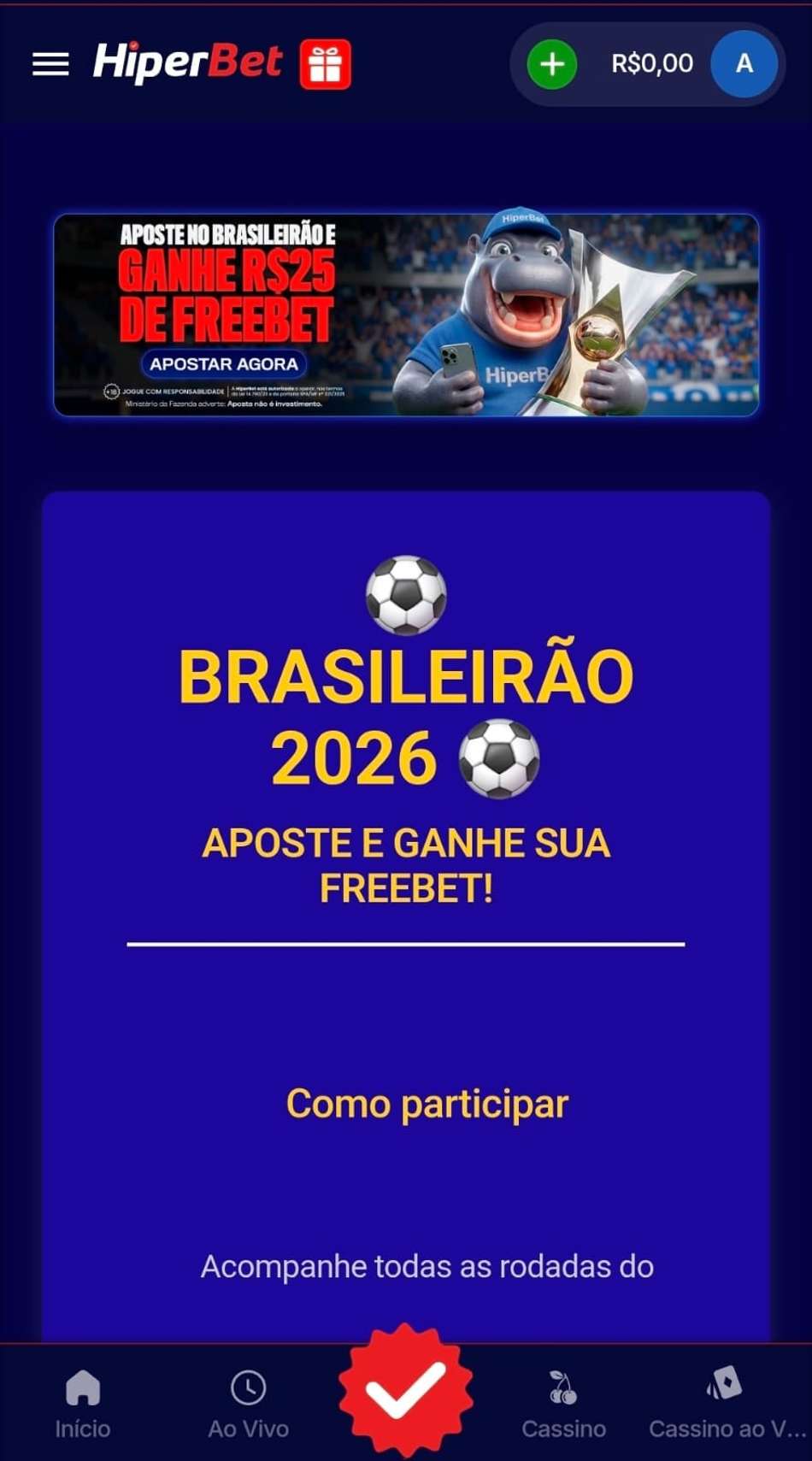 Captura de tela da Hiperbet exibindo a campanha de aposta grátis no Brasileirão.