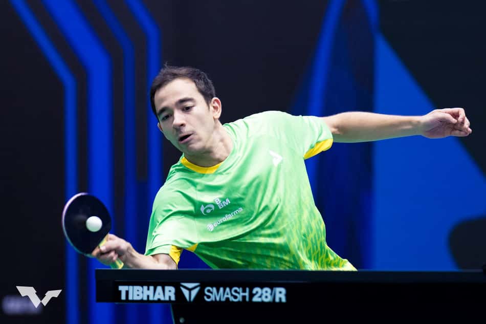 Hugo Calderano durante partida do WTT Star Contendeu de São José dos Campos