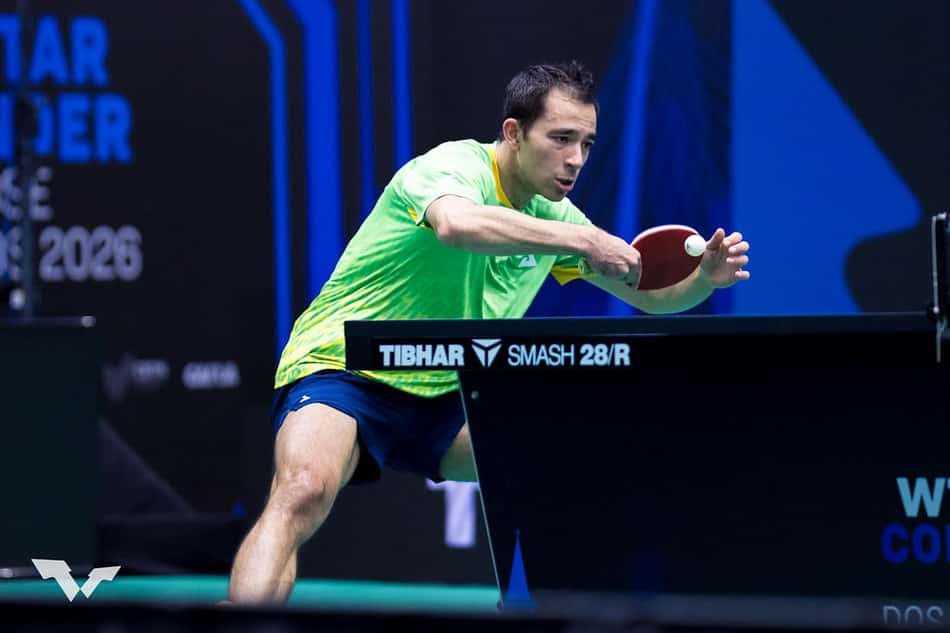 Hugo Calderano durante partida do WTT Star Contender de São José dos Campos
