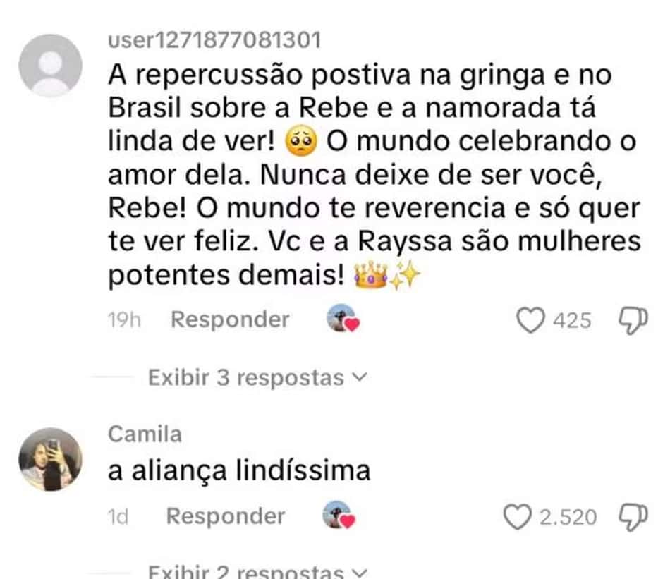 Rebeca Andrade curtiu comentários em suas redes sociais relacionadas ao namoro