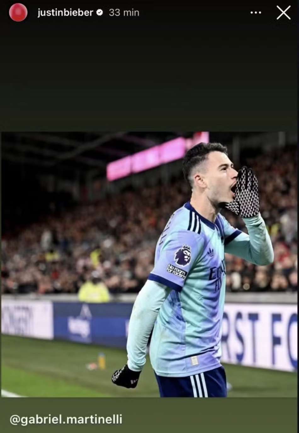 Publicação de Justin Bieber em gol marcado por Gabriel Martinelli