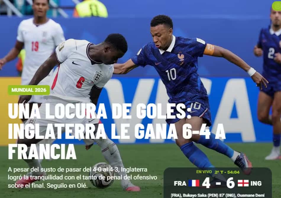 Olé repercute jogaço entre França e Inglaterra