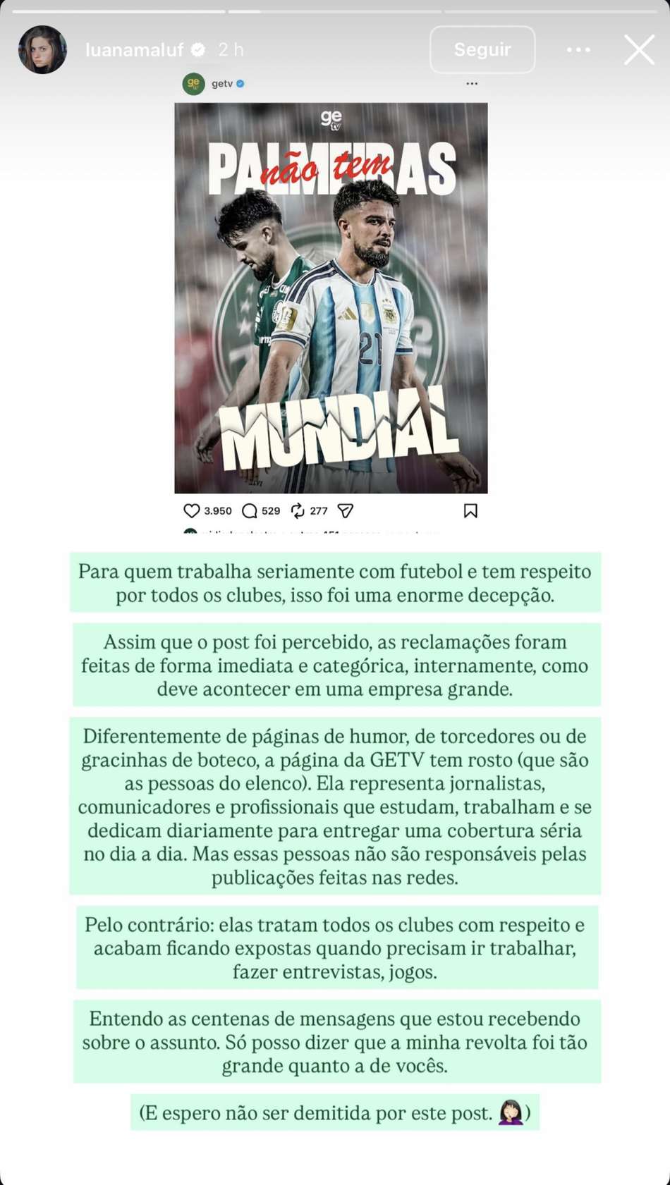 Luana Maluf, da GeTV, se posicionando após publicação da página