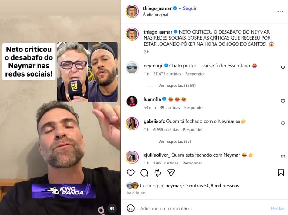 Comentário de Neymar em publicação de Pilhado em repercussão de Craque Neto