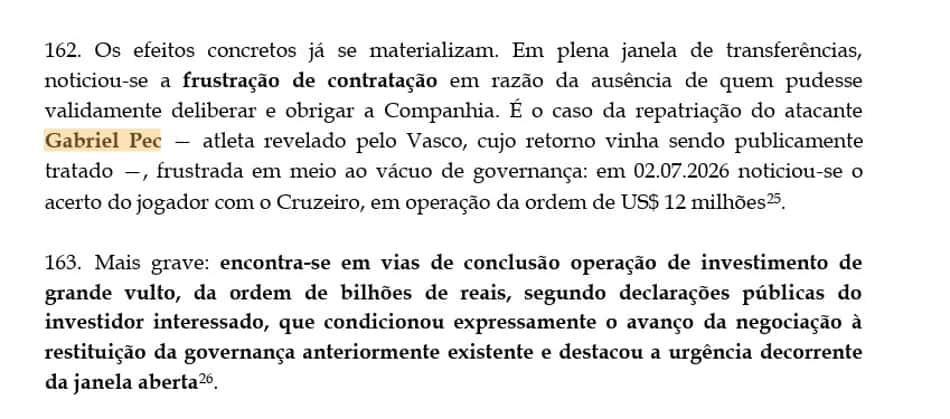 Trecho de agravo que fala sobre negociação de Gabriel Pec com o Vasco 