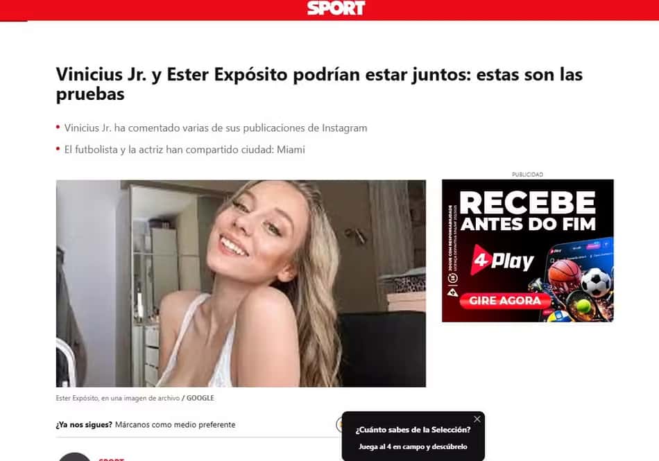 Jornal espanhol falou dos rumores de affair de Ester Expósito e Vini Jr em 2022