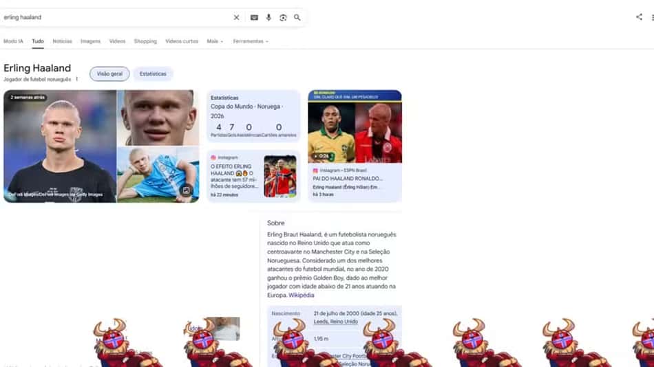 Pesquisa por 'Erling Haaland' revela invasão viking na página principal do Google