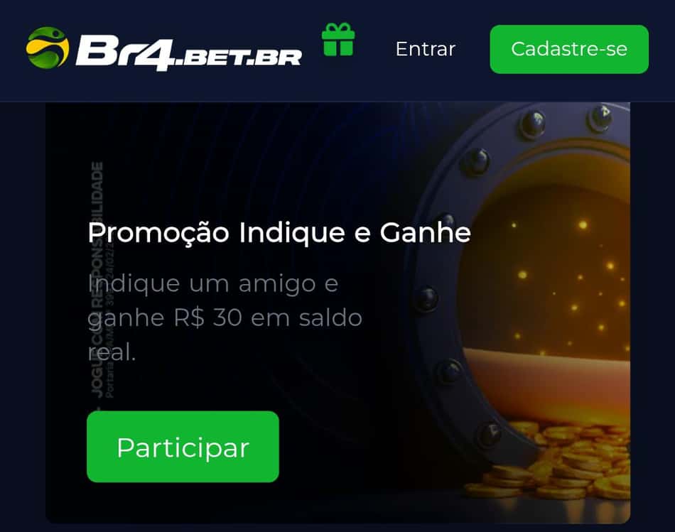 Captura de tela do bônus Indique e Ganhe, com prêmio de R$30, da BR4BET.