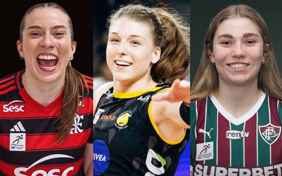 À esquerda, Jaque, com a camisa rubro-negra do Sesc Flamengo, vibra de boca aberta; no centro, Kuznetsova, com a camisa preta do Praia Clube, comemora um ponto sorrindo; à direita, Bianca Bertolino, com a camisa tricolor do Fluminense, sorri em foto oficial
