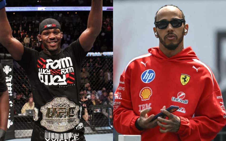 Arte com Jon Jones, do UFC, e Lewis Hamilton, da Fórmula 1 lado a lado