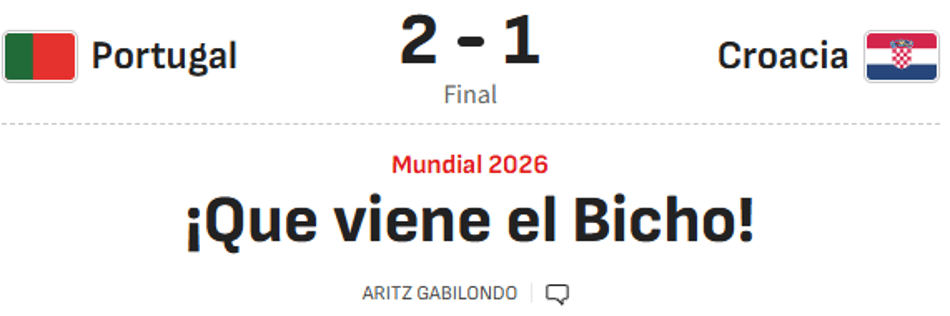 Jornal AS (Espanha) repercute virada de Portugal sobre a Croácia na Copa do Mundo