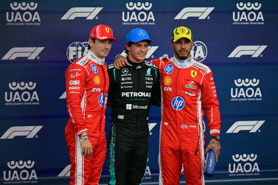 Grid de largada do GP da Inglaterra, com Charles Leclerc, Kimi Antonelli e Lewis Hamilton, na F1 2026