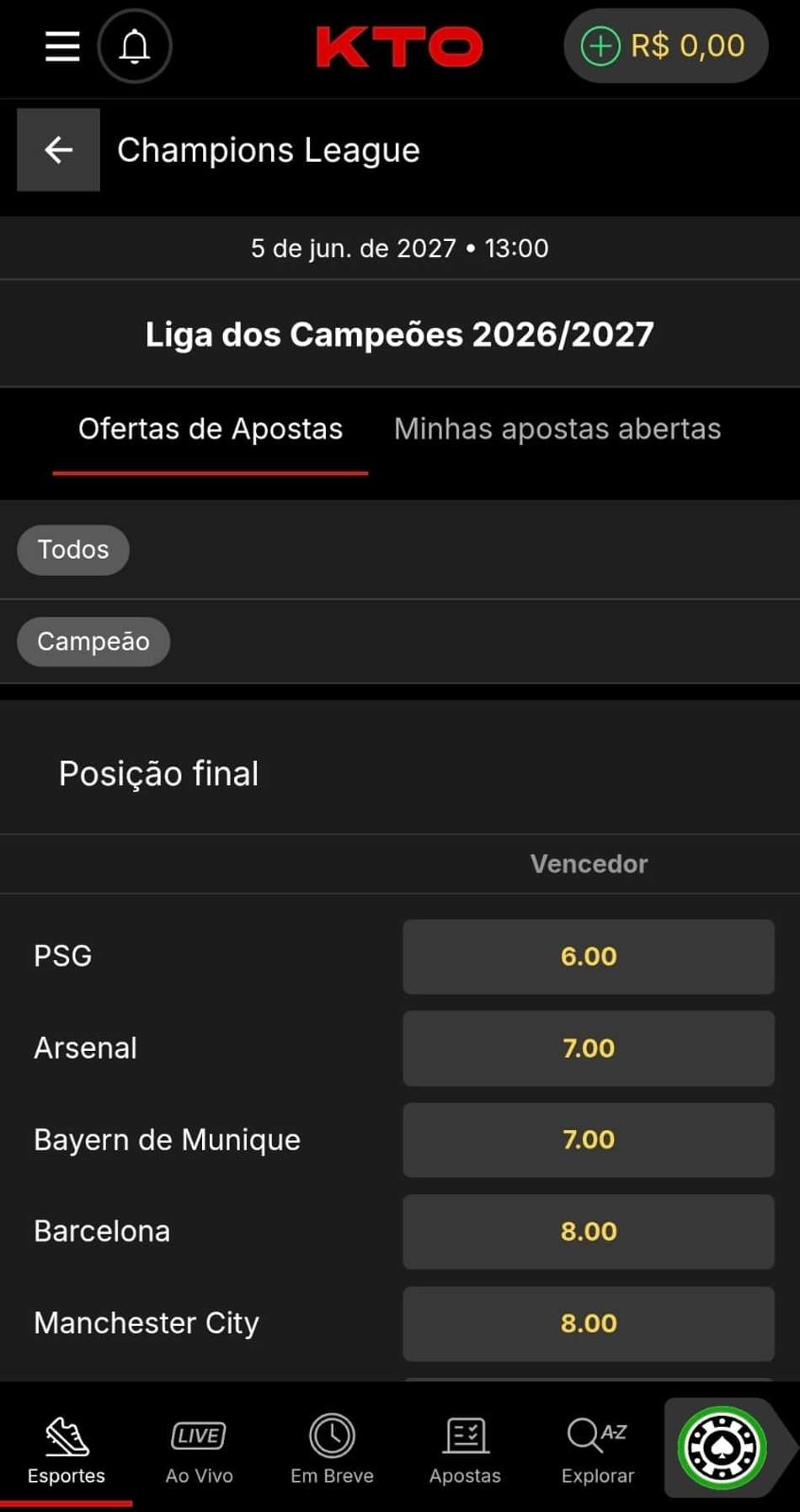 Captura de tela dos mercados de apostas a longo prazo da KTO para a Champions League.
