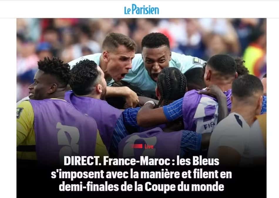 Capa do jornal L'equipe (França) sobre a vitória francesa diante do Marrocos
