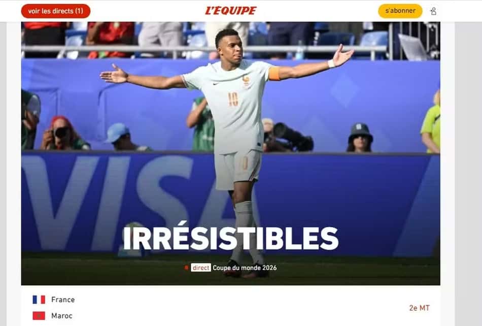 Capa do jornal L'equipe (França) sobre a vitória francesa diante do Marrocos