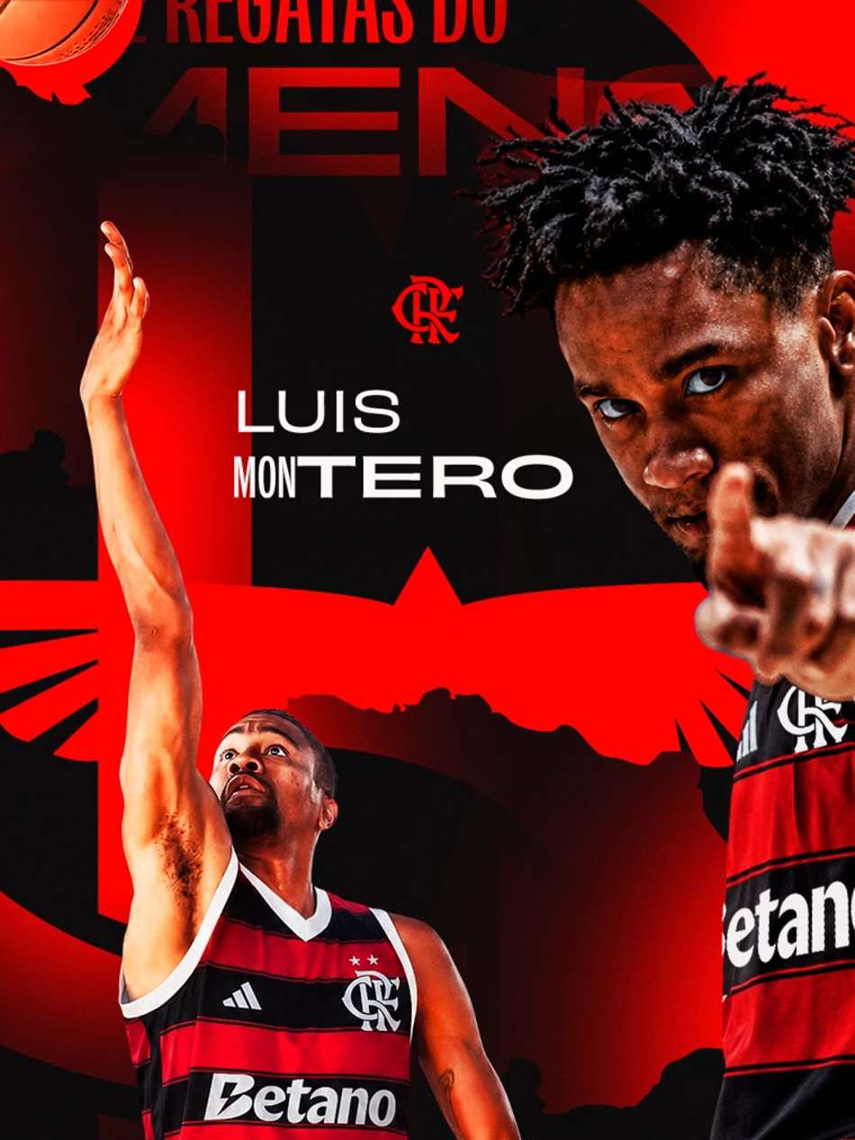Arte de anúncio da contratação de Luis Montero pelo time de basquete Flamengo