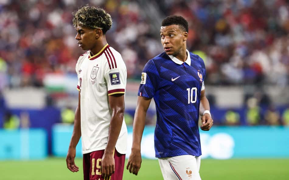 Mbappé e Yamal no duelo entre França e Espanha, na semifinal da Copa do Mundo