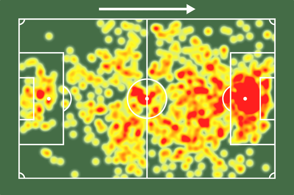 Mapa de calor de Erling Haaland pelo Manchester City na última temporada