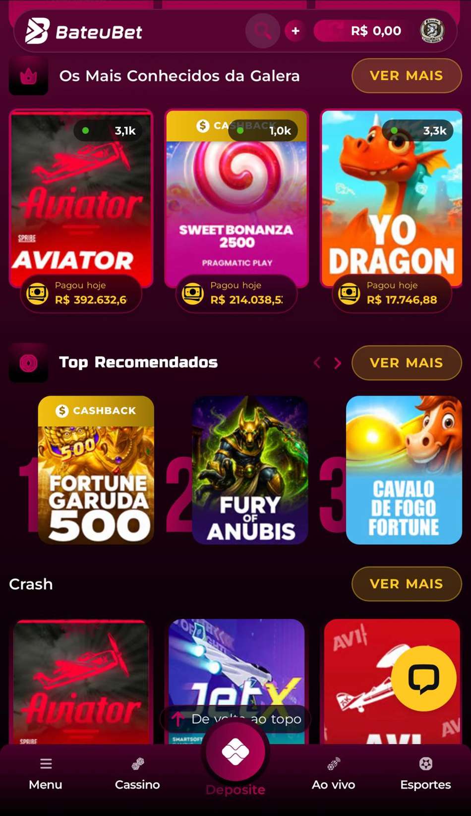 Captura da tela de slots da Bateubet, um dos melhores cassinos do Brasil.