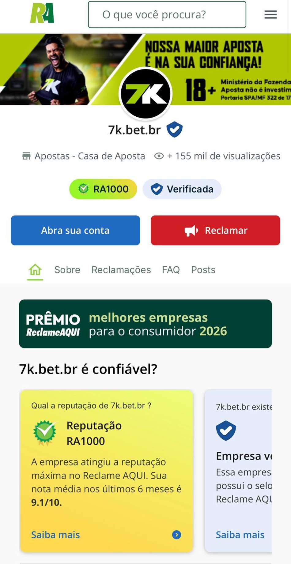 Captura de tela da conta da Bet7K no Reclame Aqui.