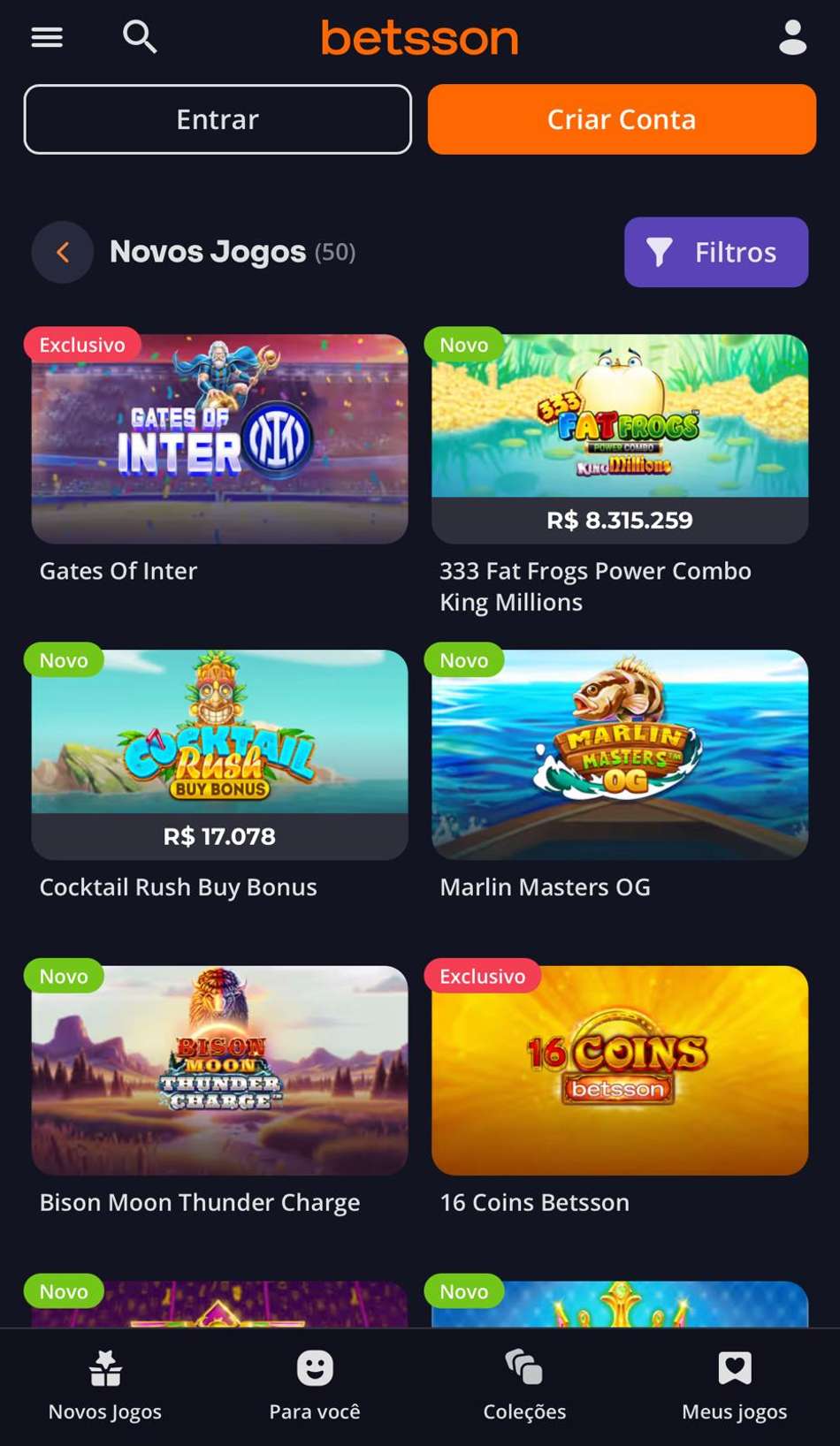 Captura da tela de slots da Betsson, um dos melhores cassinos do Brasil.