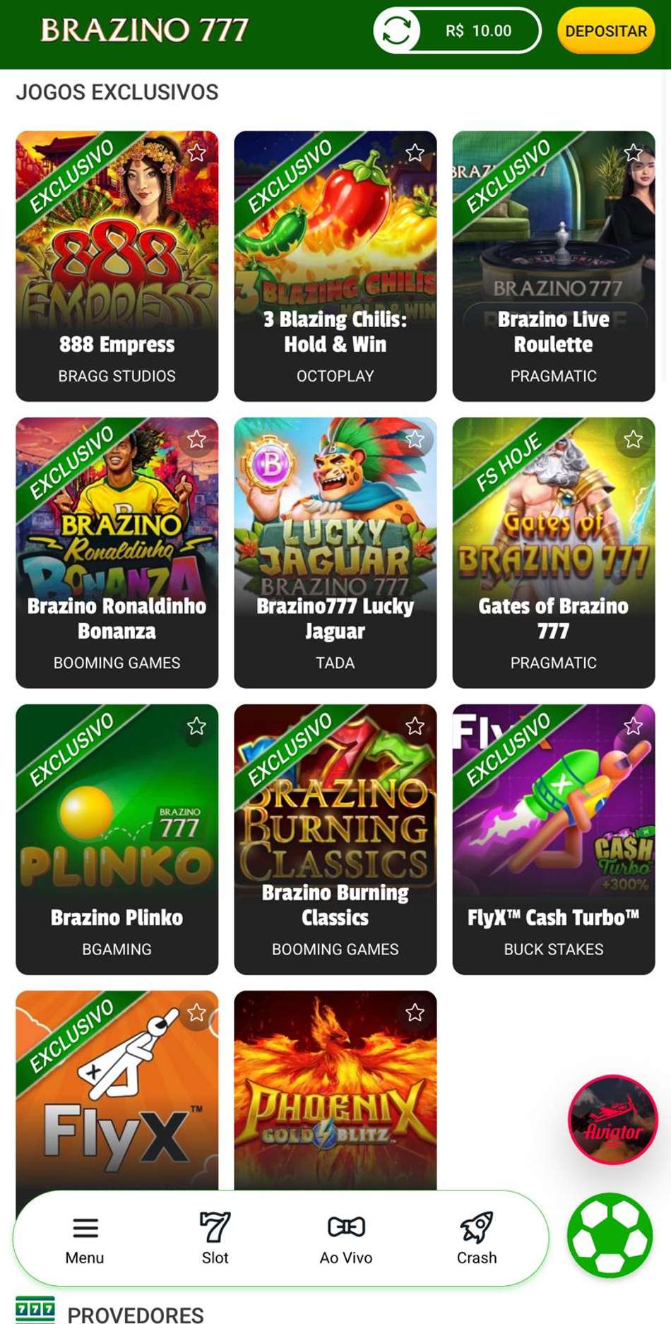 Captura da tela de slots da Brazino777, um dos melhores cassinos do Brasil.
