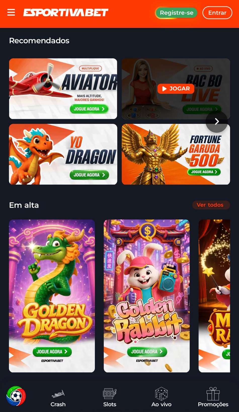 Captura da tela de slots da Esportiva Bet, um dos melhores cassinos do Brasil.