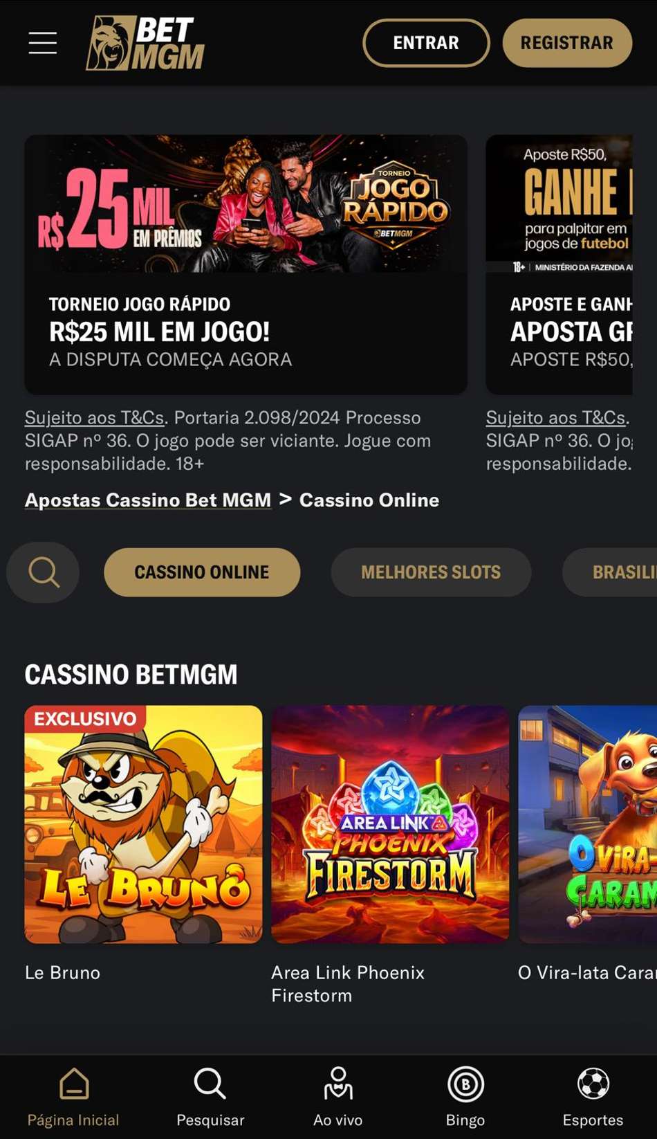 Captura de tela da página inicial da BetMGM.