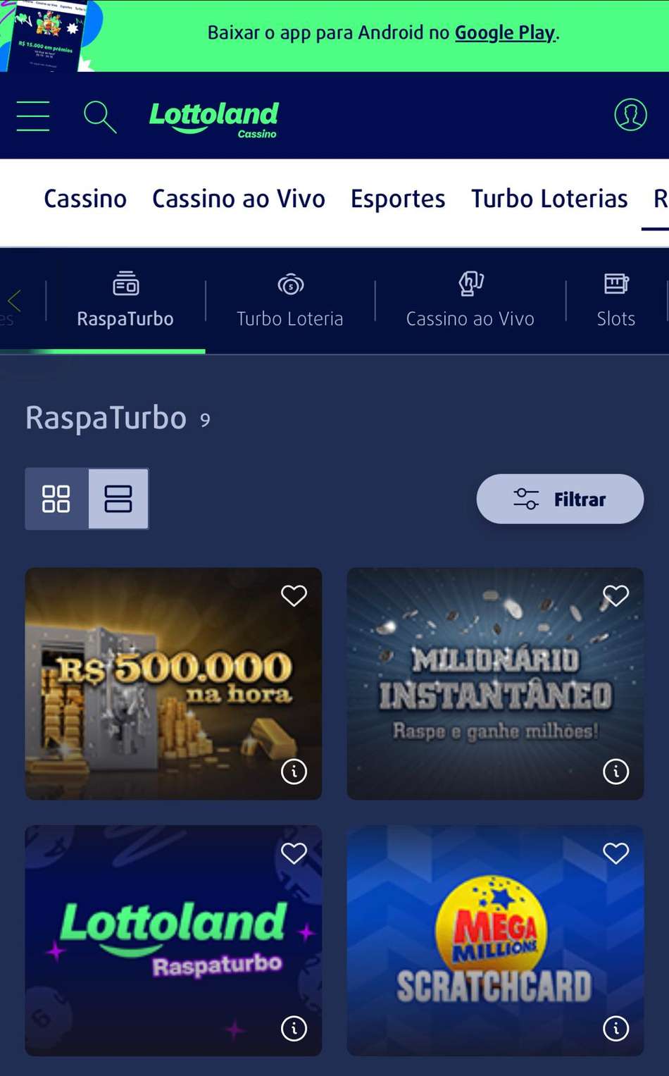 Captura da tela de slots da Lottoland, um dos melhores cassinos do Brasil.