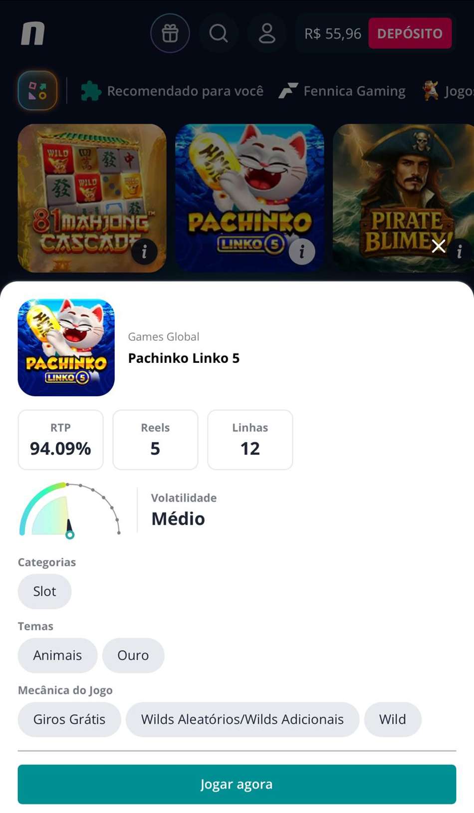 Captura de tela do slot de cassino Pachinko Linko 5, disponível na Novibet.