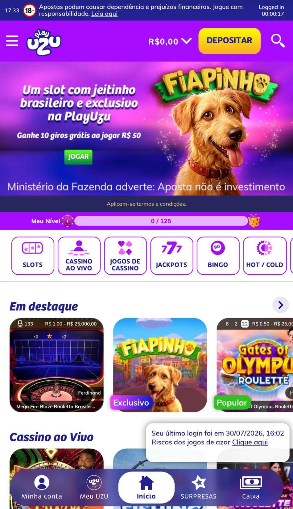 Captura da tela de slots da PlayUZU, um dos melhores cassinos do Brasil.