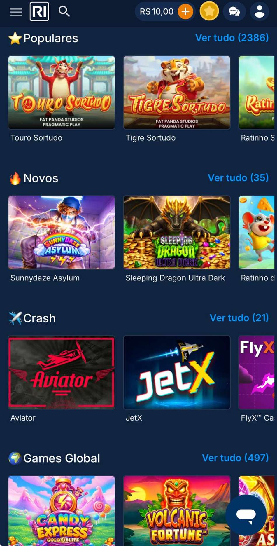 Captura da tela de slots da Rivalo, um dos melhores cassinos do Brasil.