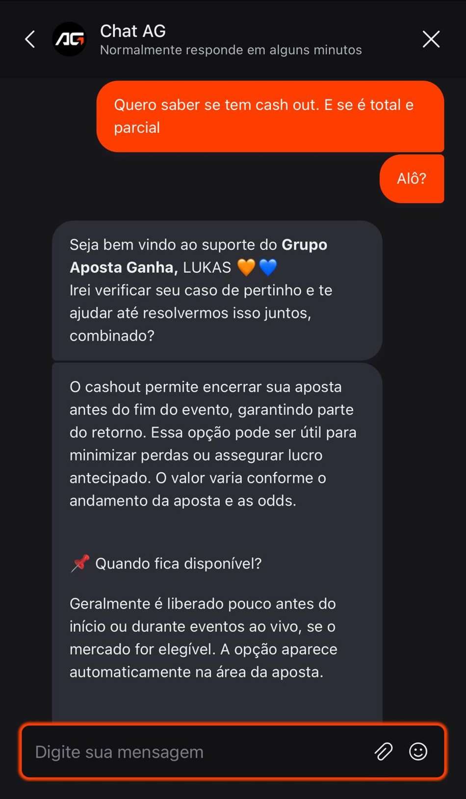 Captura de tela do suporte na Aposta Ganha, um dos melhores sites de apostas do Brasil.