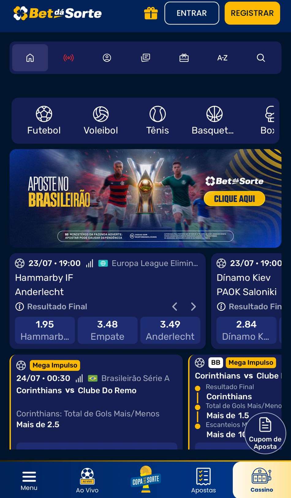 Captura da tela de apostas esportivas da Bet dá Sorte.