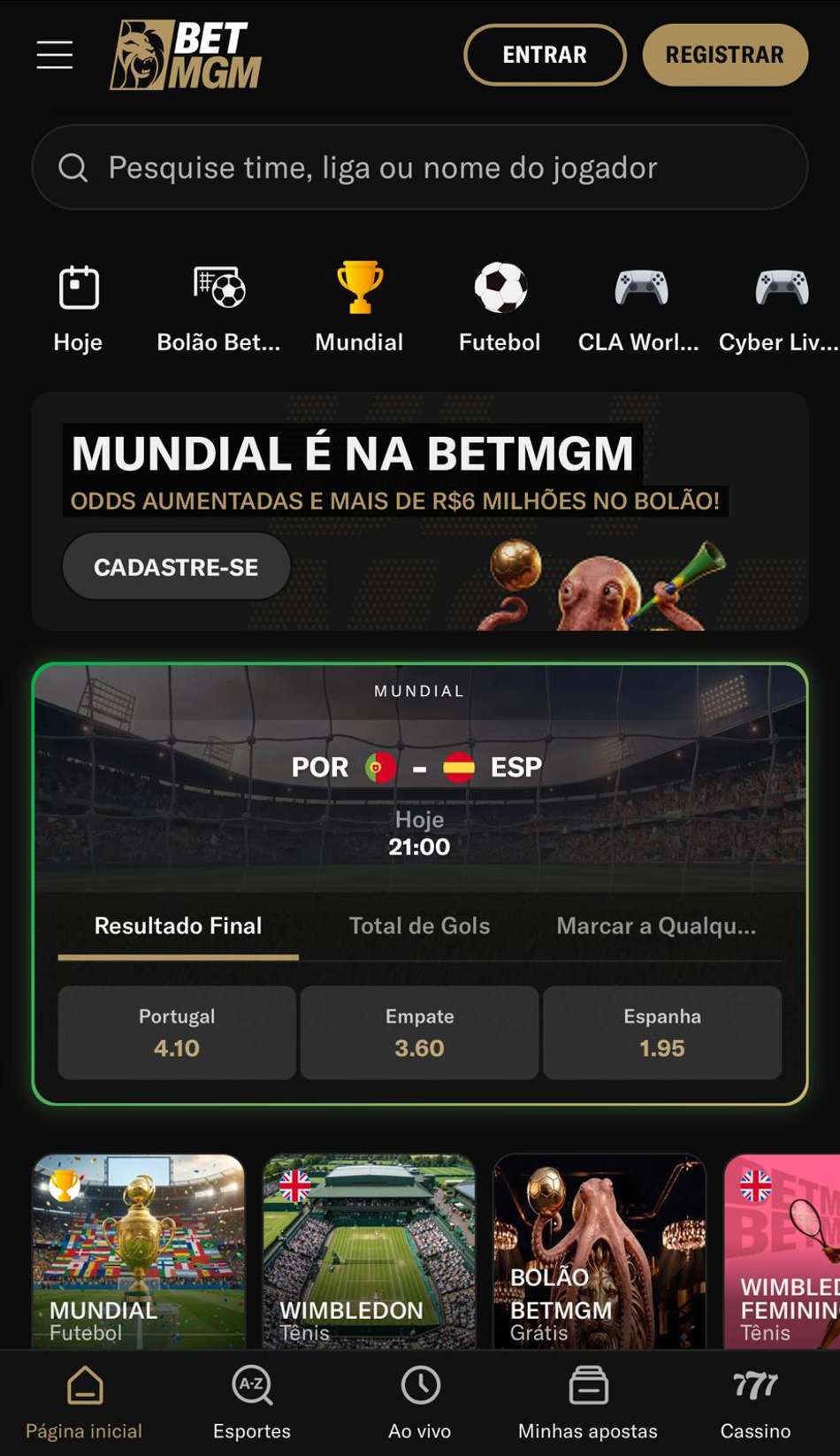 Captura da tela de apostas na BetMGM, um dos melhores sites de apostas na Copa do Mundo.
