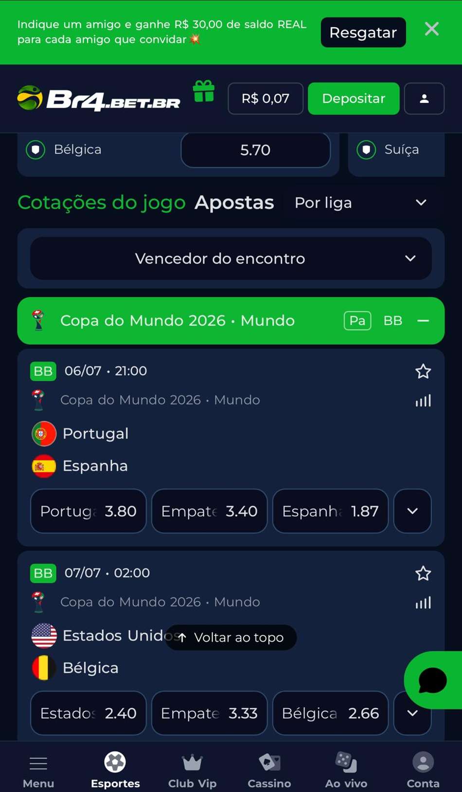 Captura de tela da BR4BET, um dos melhores sites de apostas na Copa do Mundo.