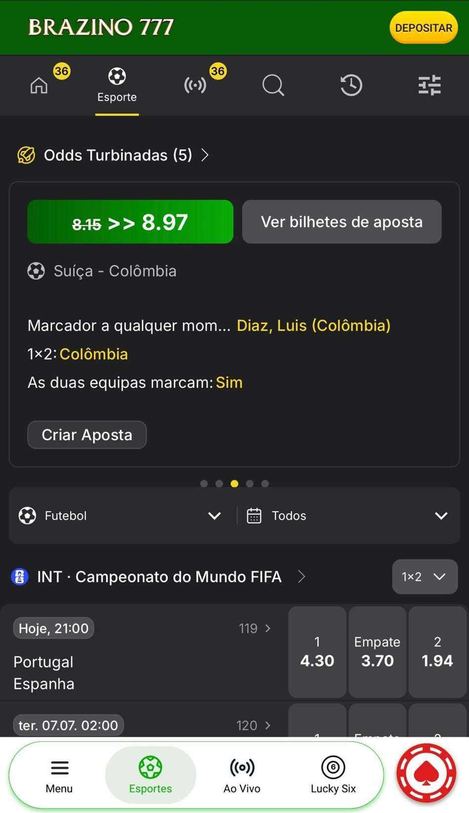 Captura da tela de apostas na Brazino777, um dos melhores sites de apostas na Copa do Mundo.