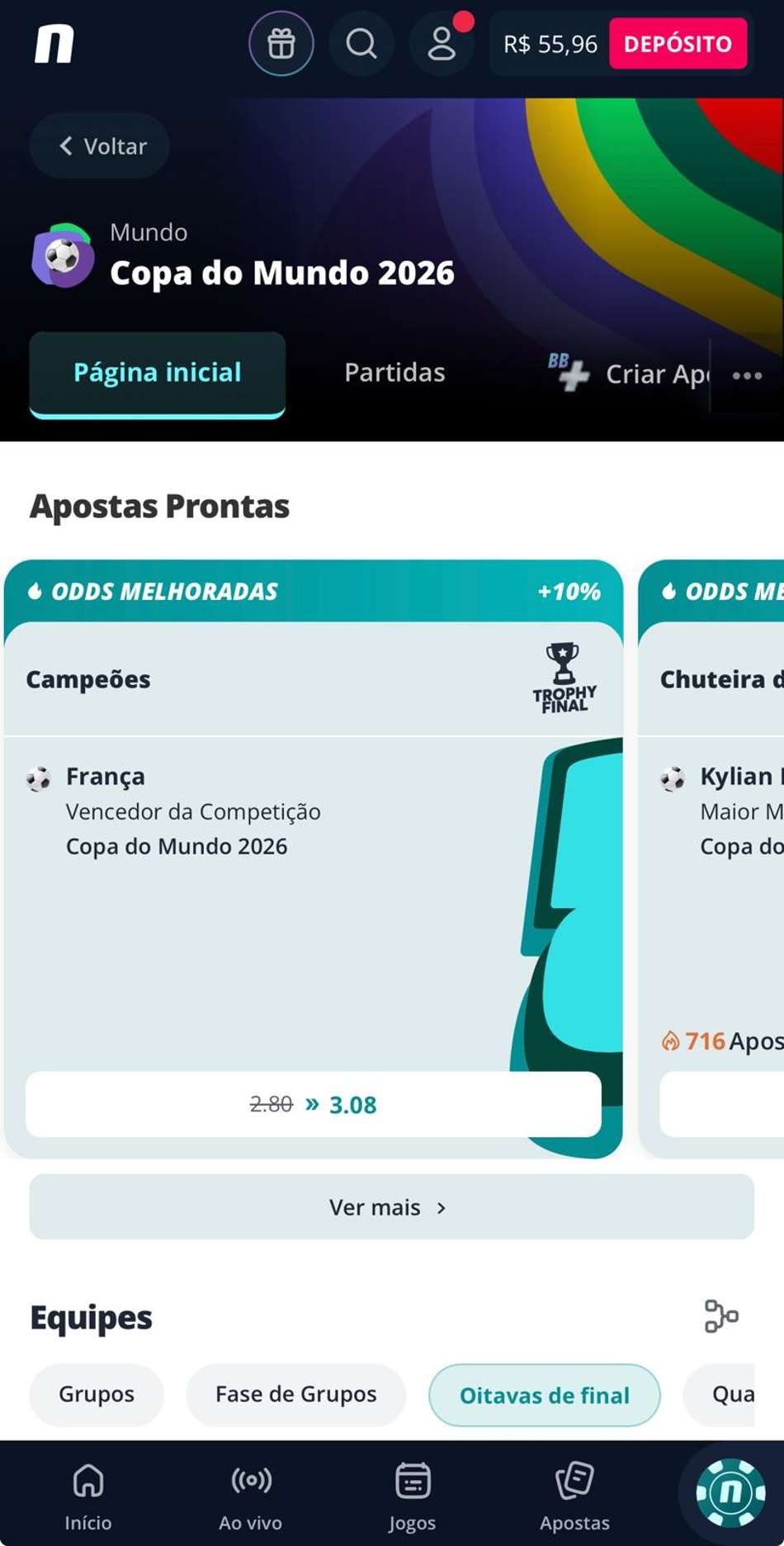 Captura da tela de apostas na Novibet, um dos melhores sites de apostas na Copa do Mundo.