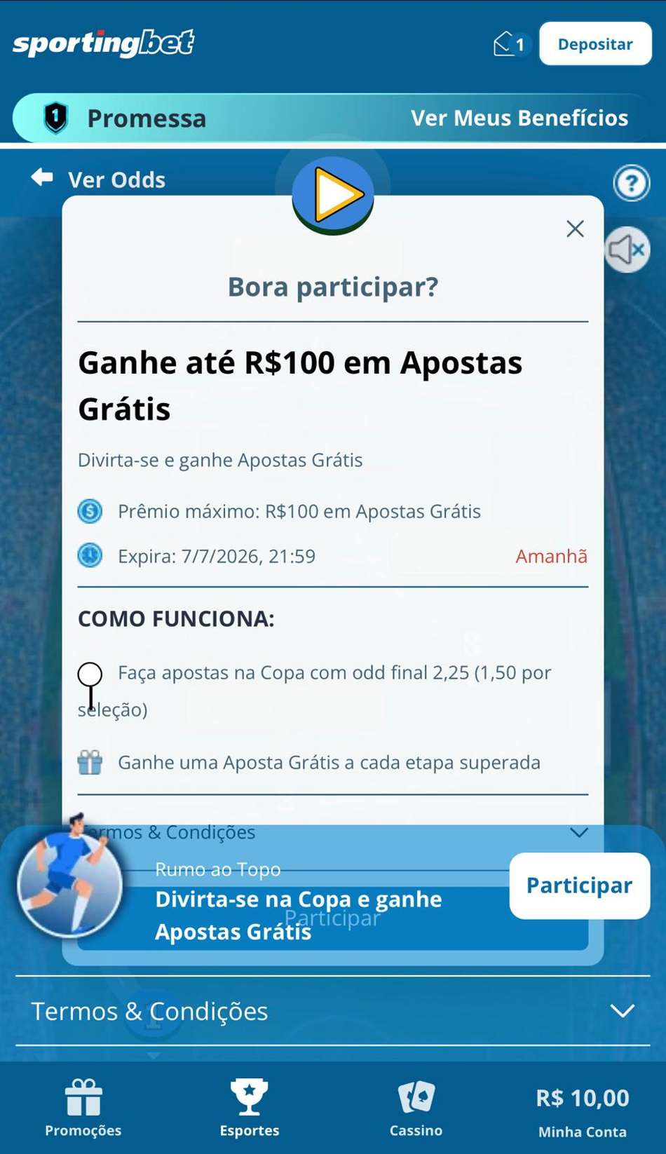 Captura de tela da promoção Rumo ao Topo da Sportingbet, um dos melhores sites de apostas na Copa do Mundo.