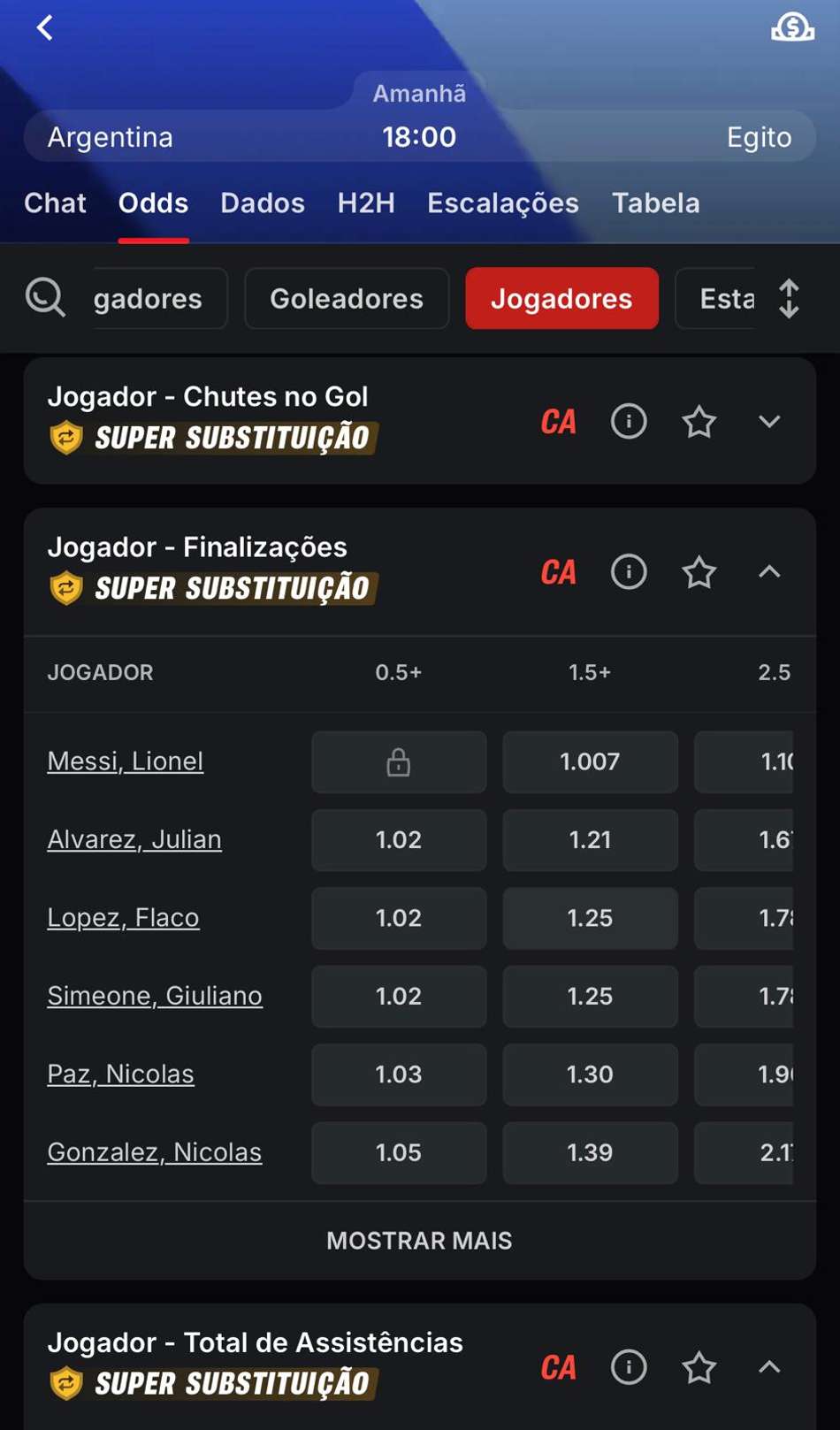 Captura da tela de apostas na Superbet, um dos melhores sites de apostas na Copa do Mundo.